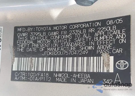 2005 Toyota Prius from USA, damaged, VIN JTDKB20U757047249